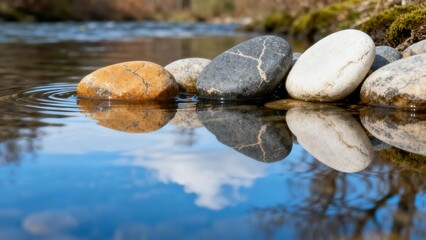 Smooth, cracked orange, black, and white river stones resting at the edge of clear blue water with reflections and ripples.