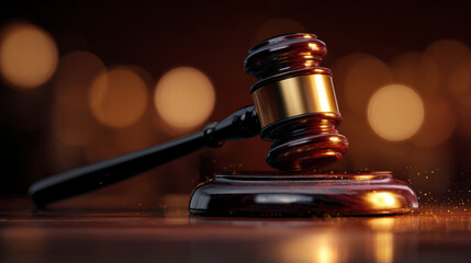 Gavel resting on block, poised for action in court of law and justice.