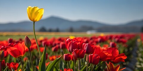 Colorful tulip field scene with spring blossoms, vivid flower rows, and bright blooming landscape