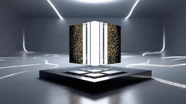 Abstract Luminescence: An abstract, geometric design of a cuboid bathed in glowing luminescence, resting upon a minimalist pedestal, casting subtle light and shadow against a backdrop of muted tones.