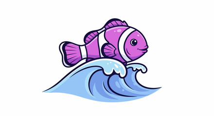 Cute Cartoon Clownfish Riding a Blue Ocean Wave.