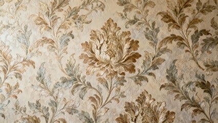Embossed textured wallpaper background displaying antique ornate gold brown and muted green damask floral pattern.