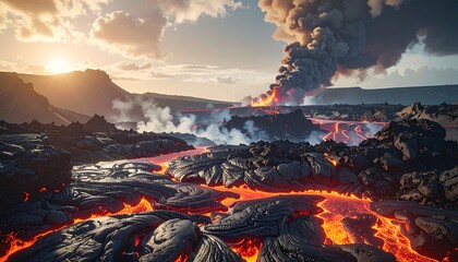 Glowing molten lava flows over a dark, rocky landscape with volcanic eruption under a cloudy sky at sunset