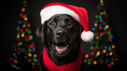 Happy Black Labrador Dog Wearing Santa Hat and Red Scarf, Christmas Tree Lights Bokeh