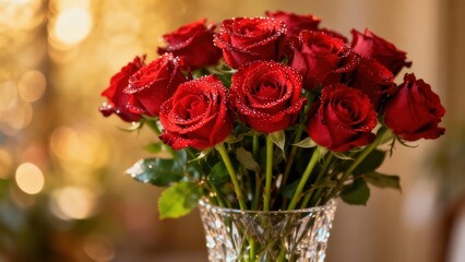 Fototapeta premium Rich deep red rose bouquet sparkling with water drops arranged elegantly in a faceted crystal vase.