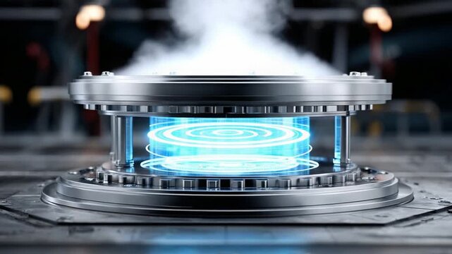Futuristic Energy Device: A glimpse into a groundbreaking future, this image captures a high-tech energy device, radiating a vibrant blue light amidst a haze of ethereal vapor.