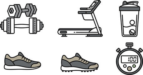 Icons of running shoes, dumbbell, and gym bag on white background sneakers footwear