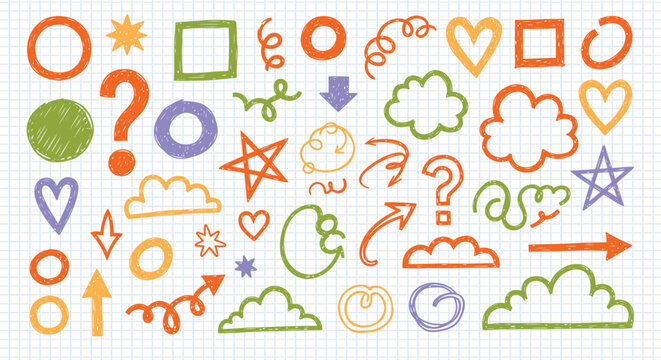 Seamless pattern of colorful hand drawn doodle icons including shapes arrows clouds hearts stars and question marks on a notebook background