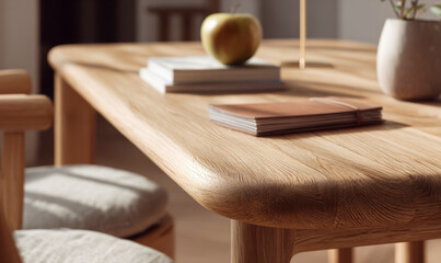A cozy wooden table with a journal, books, and a green apple on top.