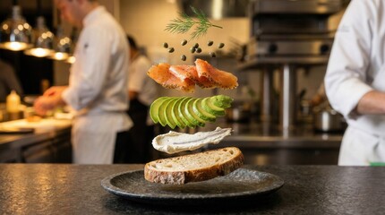 Deconstructed Salmon And Avocado Toast Ingredients in restraunts kitchen