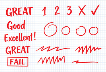 Collection of red handwritten grading marks including words like great good excellent and fail symbols like checkmarks circles and scribbles on paper