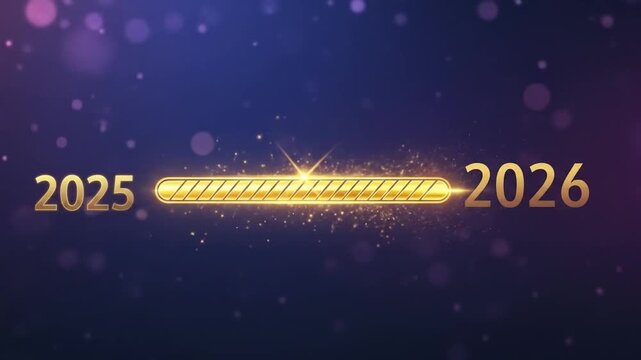 Golden loading bar animation bridging 2025 to 2026 with glittering progress symbolizing the new year 2026. 4k video