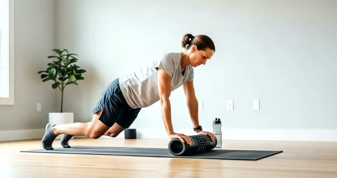 Woman exercising with foam roller on yoga mat at home workout