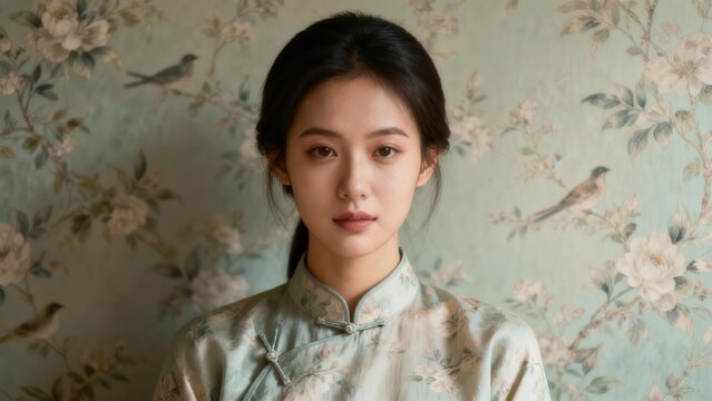 Elegant woman wearing light green floral patterned cheongsam dress against detailed vintage wallpaper featuring painted birds and white peony flowers.