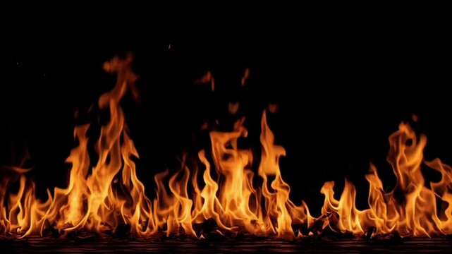 Row of blazing orange flames stretches across a dark background, intense, chaotic, and eerily vivid
