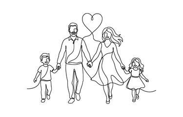 Happy family in continuous line art drawing style. Happy family parenting concept. Modern continuous line draw design