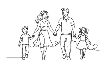 Naklejka premium Happy family in continuous line art drawing style. Happy family parenting concept. Modern continuous line draw design