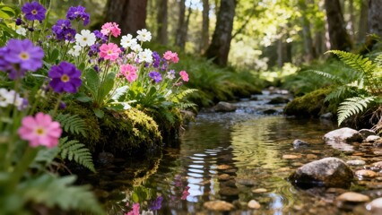 Clear, shallow woodland creek flowing over stones bordered by moss, ferns, and vibrant Primrose flowers under dappled sunlight.