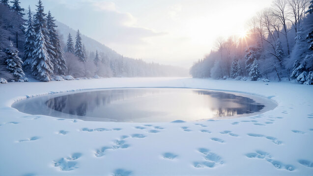 Frozen Mountain Lake with Calm Mood Reflecting Winter Forest at Sunrise against Snowy Background