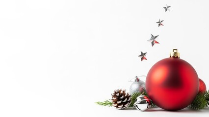 Red Christmas Bauble, Pinecone, Fir Branch, Silver Stars  Bell on White Background