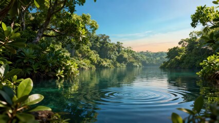 Concentric ripples disturbing the calm, turquoise water surface surrounded by dense, vibrant green rainforest trees.