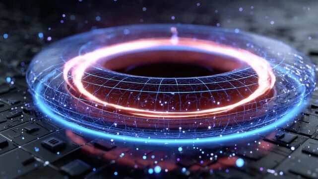 Futuristic Tech Ring: Captivating visualization of an electric energy ring hovering above a detailed circuit board, symbolizing progress, innovation, and futuristic technology.