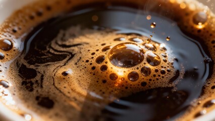 Intense closeup view of freshly brewed black espresso coffee liquid featuring rich golden brown crema foam and suspended droplets.