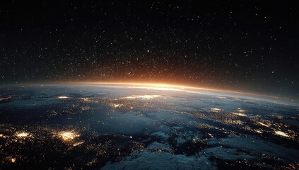 Earth from space, horizon with golden sunlight. City lights illuminate the ground under clouds. Starry background