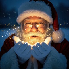 Santa Claus Magic Blowing Glitter Christmas Winter Golden Lights Hands Night Snow