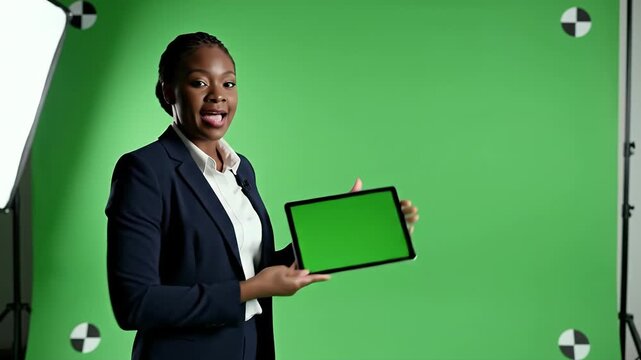 Professional African American businesswoman presents a green screen tablet for technology and business mockups.
