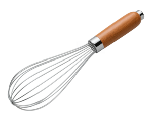 Clean professional metal whisk, mixing utensil product shot PNG isolated on transparent background.