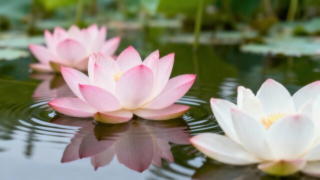 Three sacred pink and white lotus flowers reflected in the rippling dark water of a calm garden pond. - Powered by Adobe