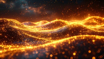 Golden shimmering waves undulate under a dark, star-filled sky in a dreamlike, abstract landscape