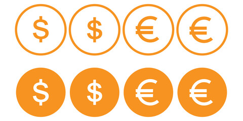 Dollar euro financial icon illustration showing online payment symbols, digital wallet graphics, currency signs and earnings coin visuals suitable for