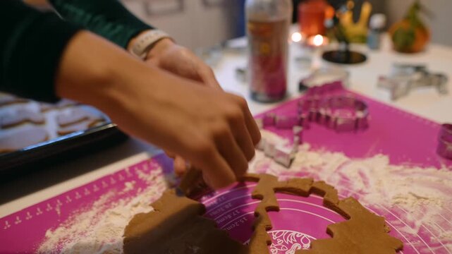 Detailed View Of Hands Shaping Gingerbread Dough With Baking Tools In Warm Kitchen Environment
