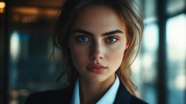 A young woman with a confident and alluring expression, set against a modern background. Her elegant outfit complements her chic hairstyle.