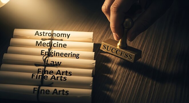 Academic Success with Stamp on Wood education achievement career goals astronomy medicine engineering law fine arts scrolls knowledge