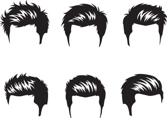 Set of six distinct black vector silhouettes showcasing various modern short male hairstyles for men's fashion and grooming concepts