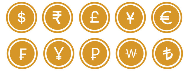 Set of currency symbols dollar, euro, pound, yen, won, rupee, franc, bitcoin, lira, ruble icon vector. Popular international currency sign isolated on transparent background. Vector illustration