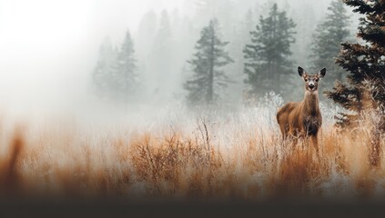 Deer stands alert in golden meadow; fog blankets forested background on overcast day