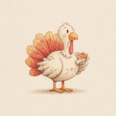 Hand-drawn turkey holding a mini pie in rustic textured illustration