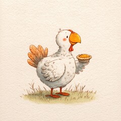 Cute pastel turkey illustration holding a tiny snack cup in hand-drawn textured style