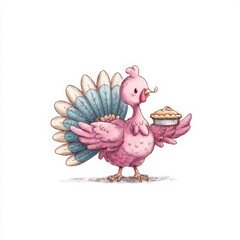 Pink turkey illustration holding a small pie in whimsical pastel style on white background