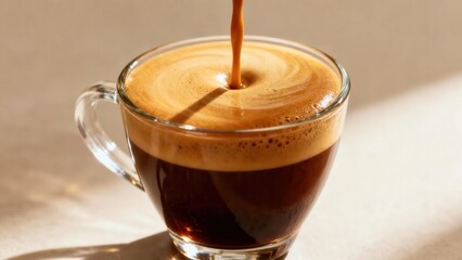 Dark brown espresso coffee pouring into clear glass mug, stirring thick golden crema foam on top.