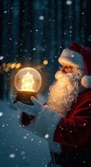 Santa Claus Snow Globe Glowing Christmas Winter Night Forest Magic Holding Snow