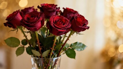 Dark crimson red roses displaying clear water droplets arranged in a glass vase with a luxurious golden bokeh background.