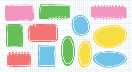 Collection of colorful hand drawn doodle labels and text boxes with rough edges set against a light blue grid paper background for notes