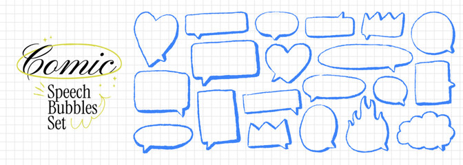 Comic blue pencil speech bubbles with funky crayon line text boxes for notes. Vector kids elements with hearts, flames, rectangles. Empty note shapes and pen charcoal doodles for text.