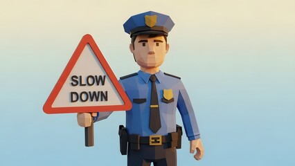 3d rendered low poly police officer holding a triangular slow down traffic sign, isolated on white background