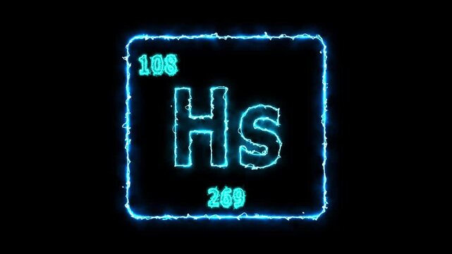 Hassium - periodic table element symbol hologram, chemical element Periodic Table, atomic weight element number ,glowing on black background in 4K.